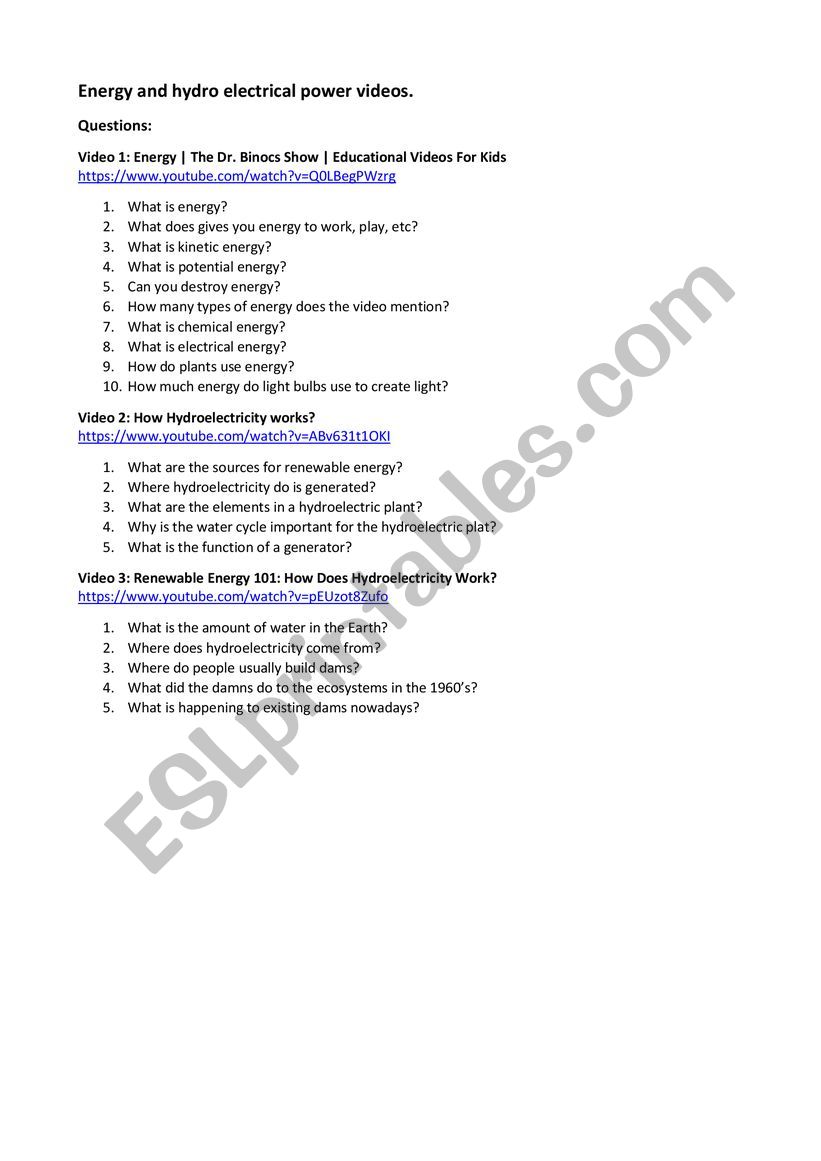 Hydeopower worksheet