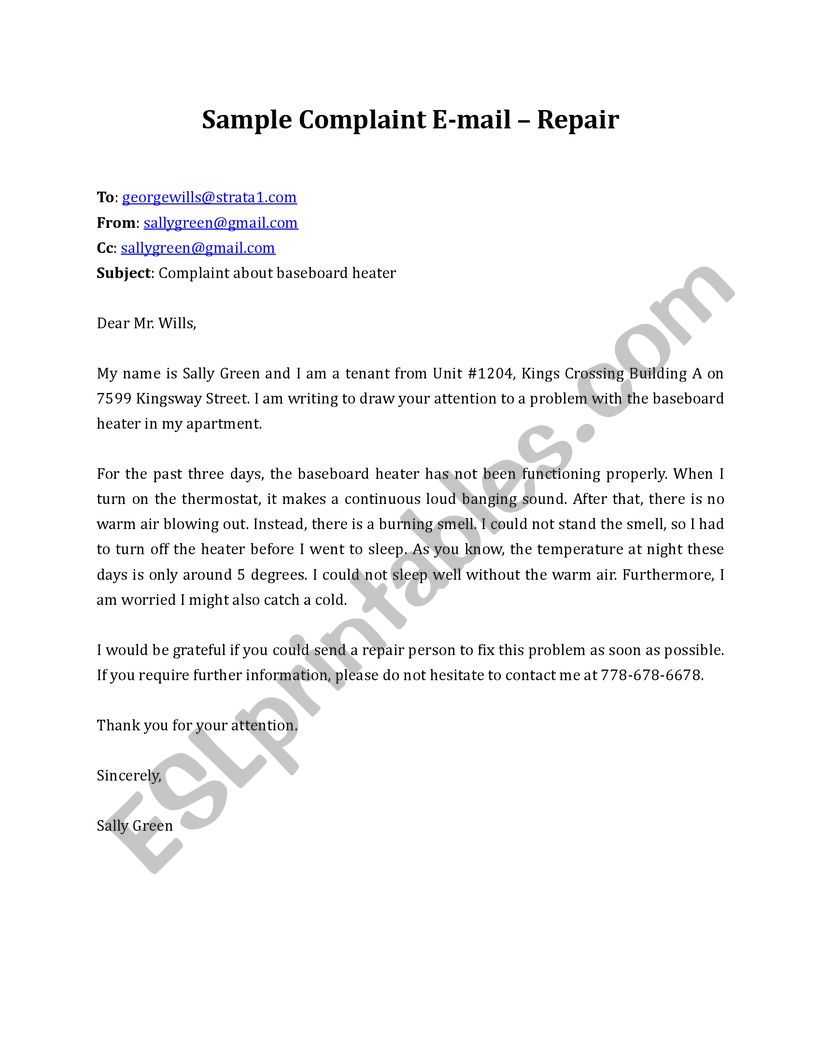 Housing Repair - Sample tenant complaint e-mail