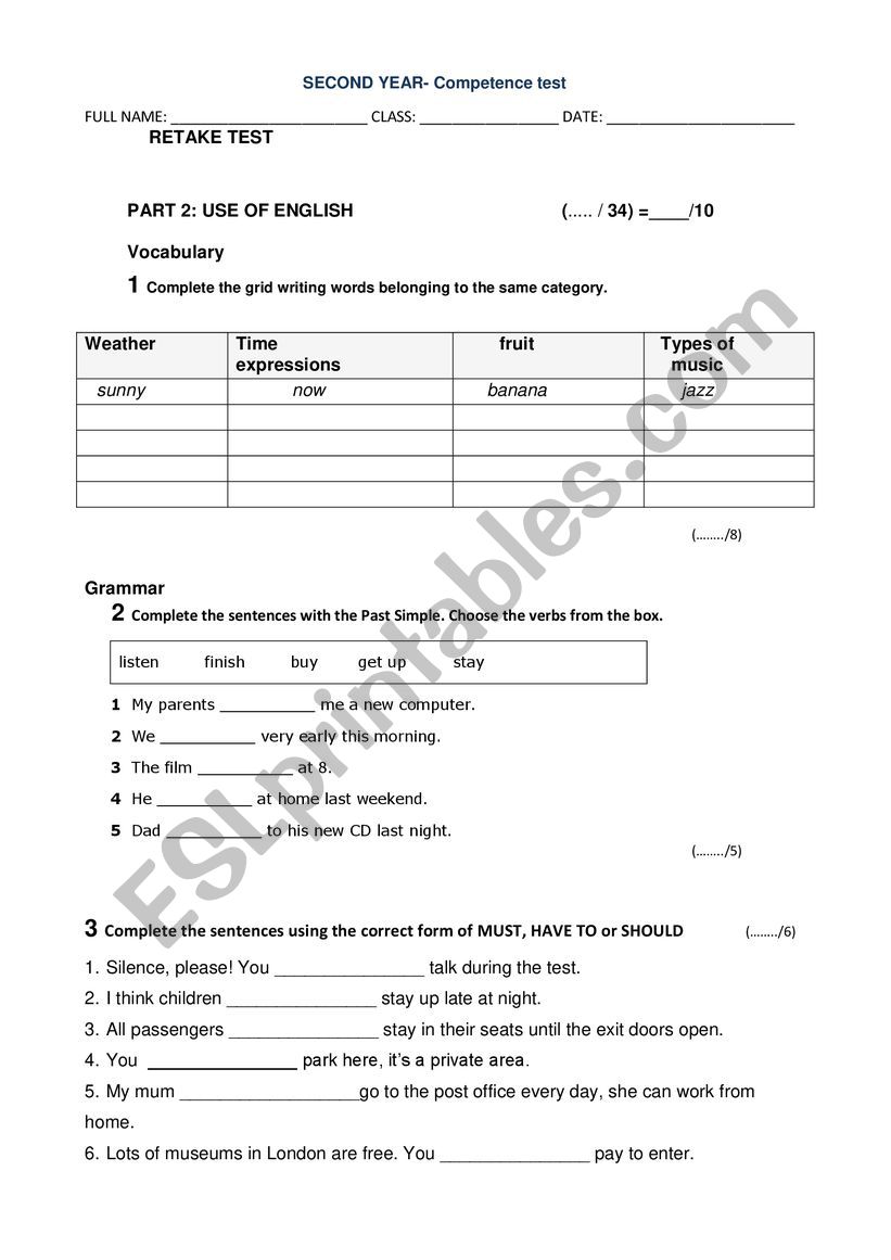 Retake test worksheet