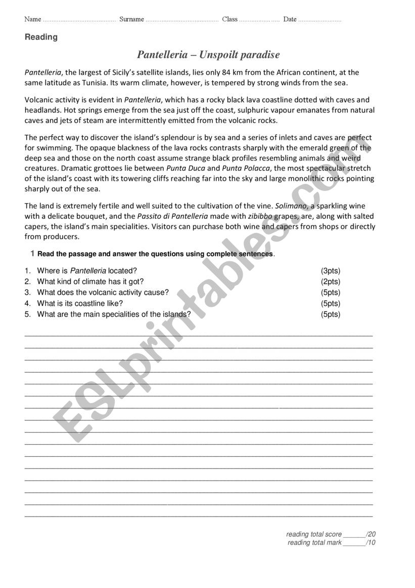 Fifth year High School Test worksheet