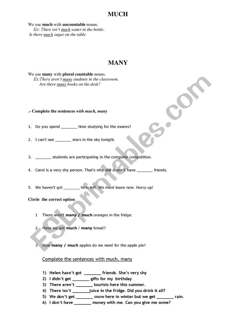 many or much worksheet