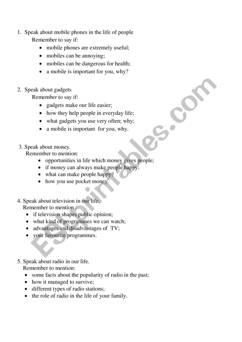  Speaking Exam cards worksheet