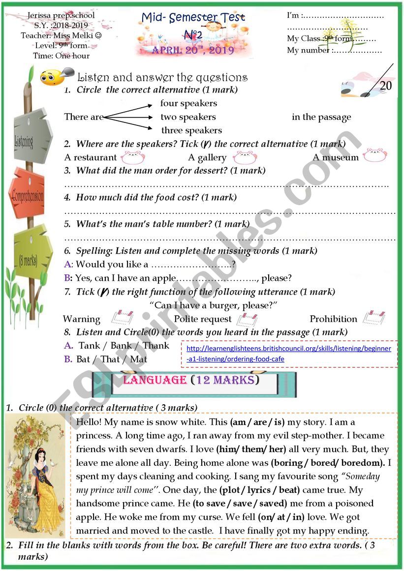 Mid -SEMESTER  test 9th form worksheet