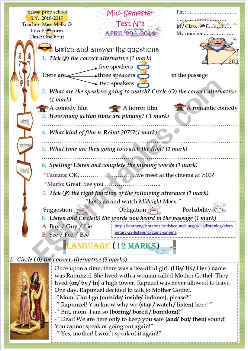 Mid -SEMESTER  test 9th form worksheet