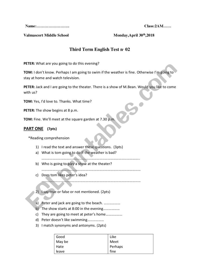 TEST NEAR FUTURE worksheet