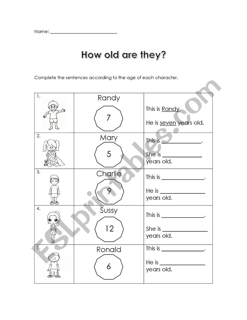 How old are they? worksheet