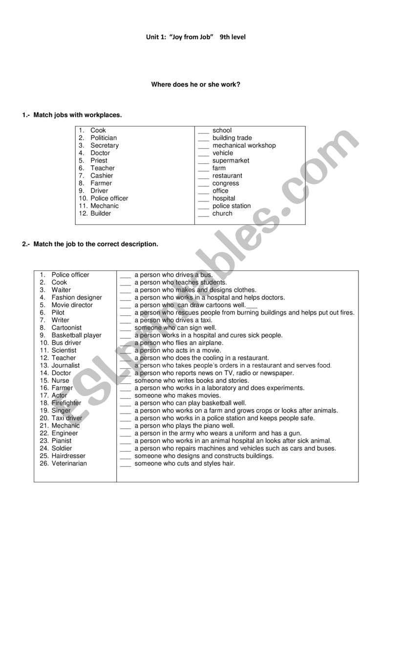 Where does he or she works? worksheet