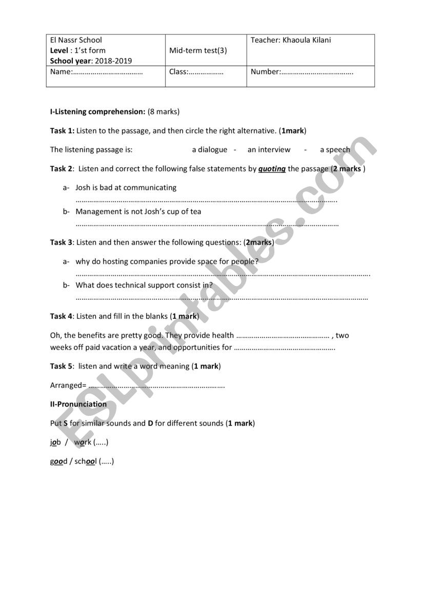 mid term test 1st form worksheet