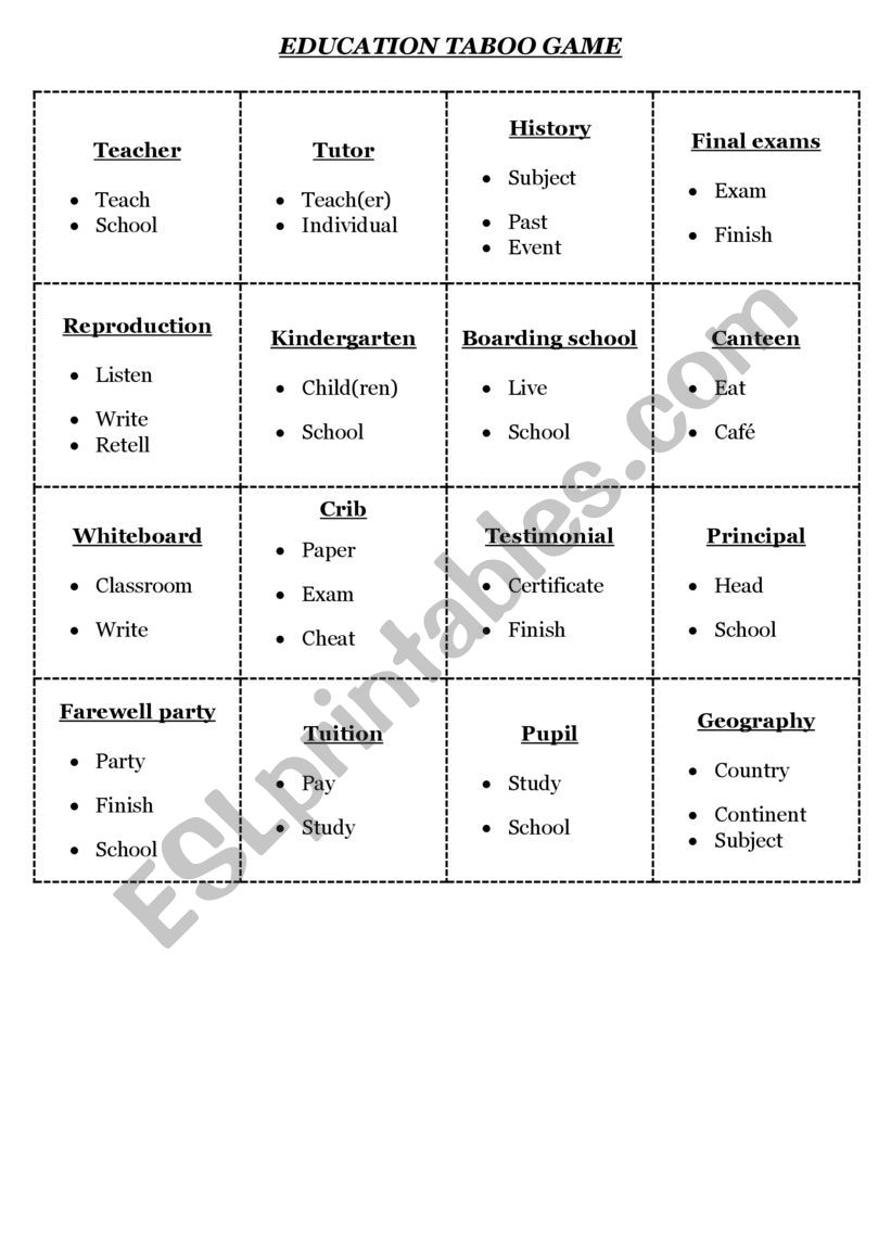 Education Taboo Game worksheet