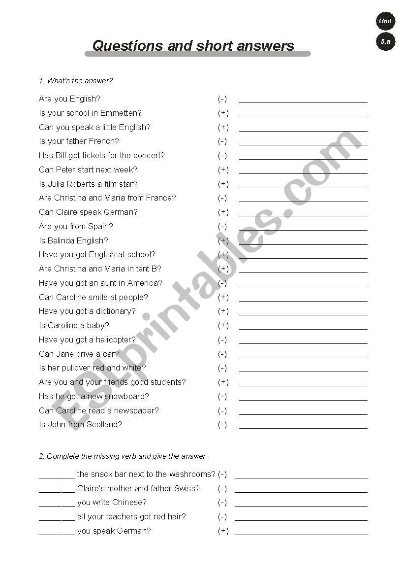 Questions and short answers worksheet