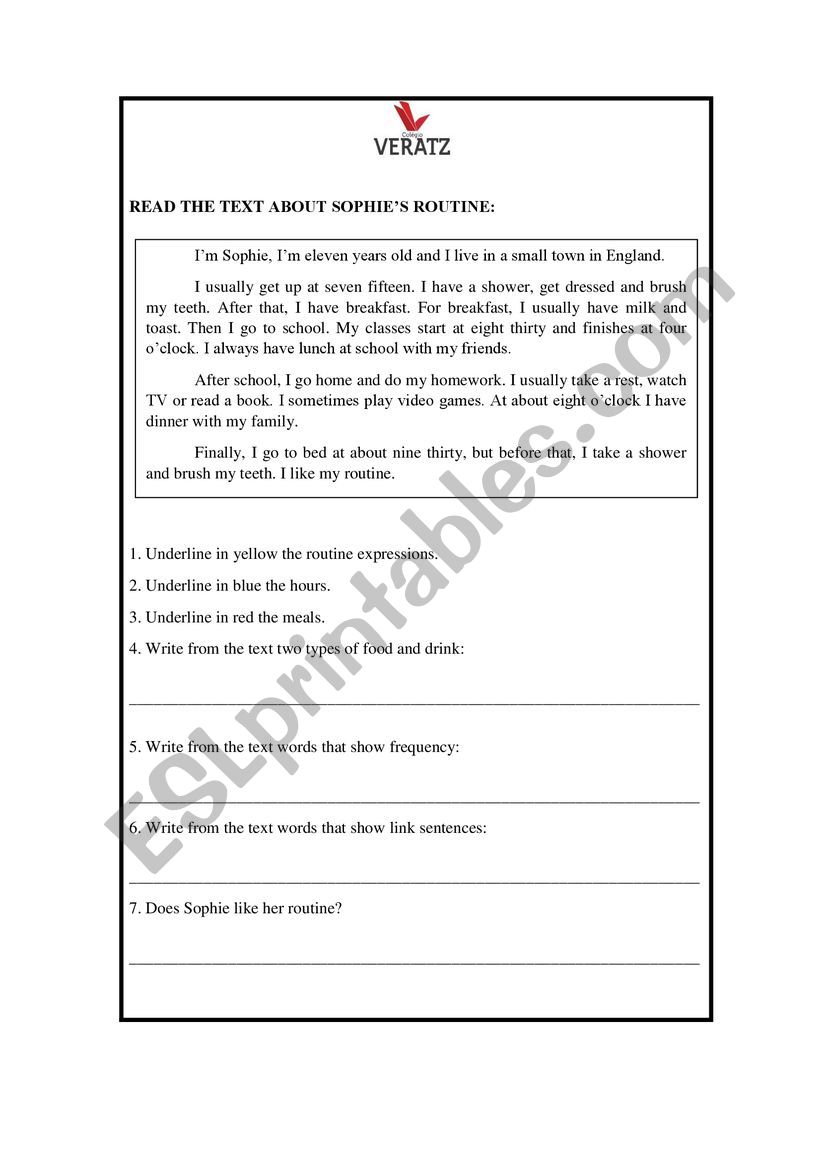 Routine reading worksheet