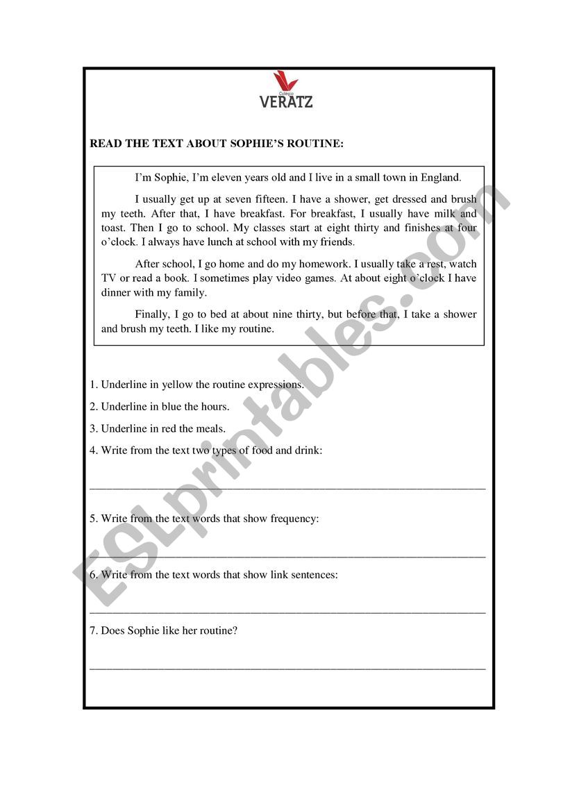 Routine reading worksheet