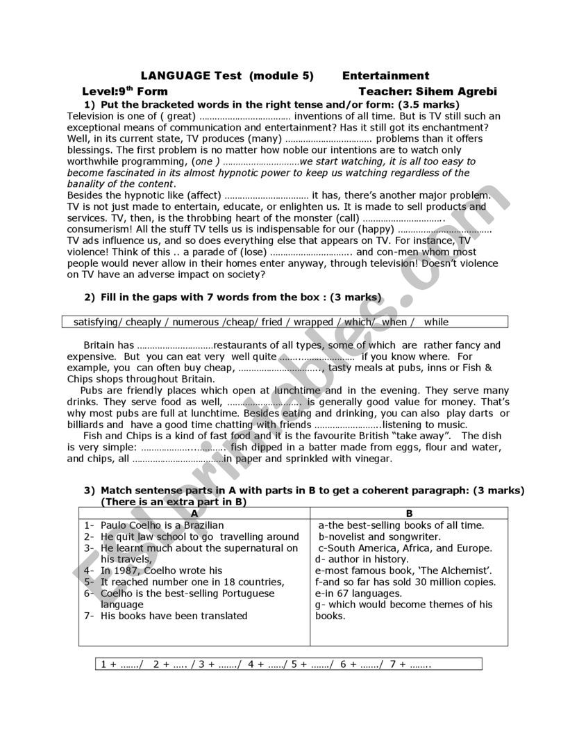 mid term  test  9th form (entertainment)