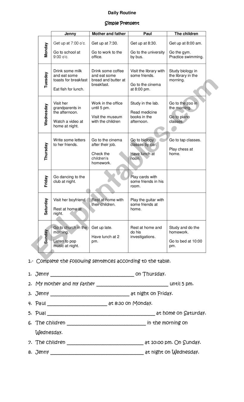 daily routine worksheet