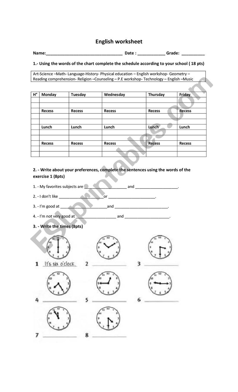 School subjects  worksheet