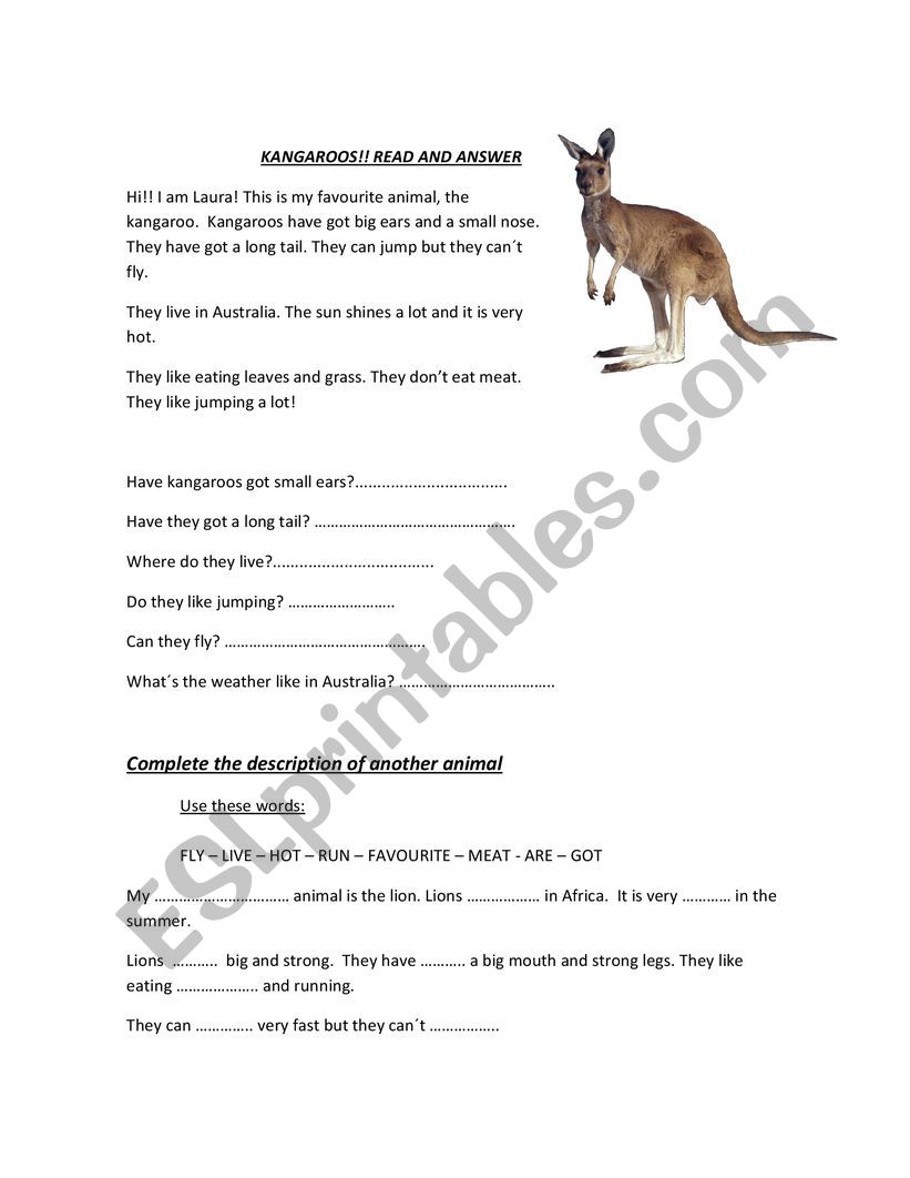 READING ABOUR KANGAROOS AND WRITING ACTIVITY
