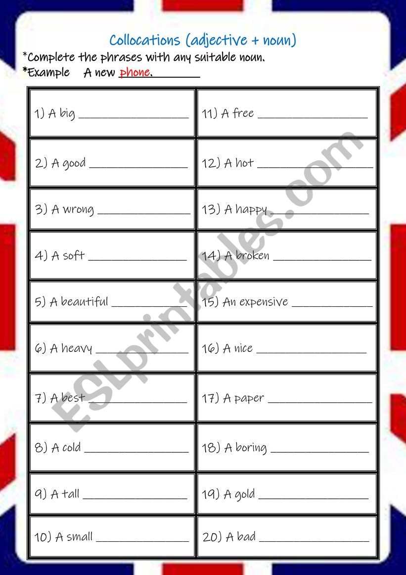 Adjective noun collocation worksheet