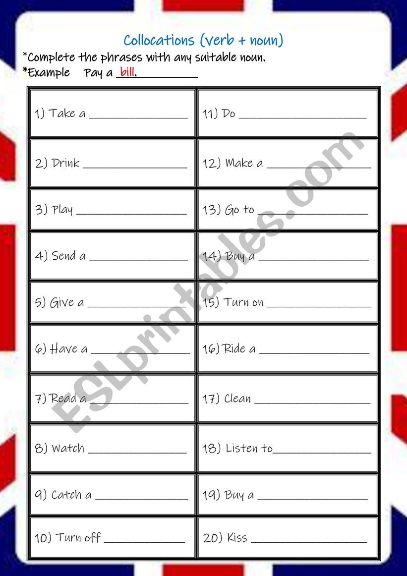 Verb noun collocation worksheet