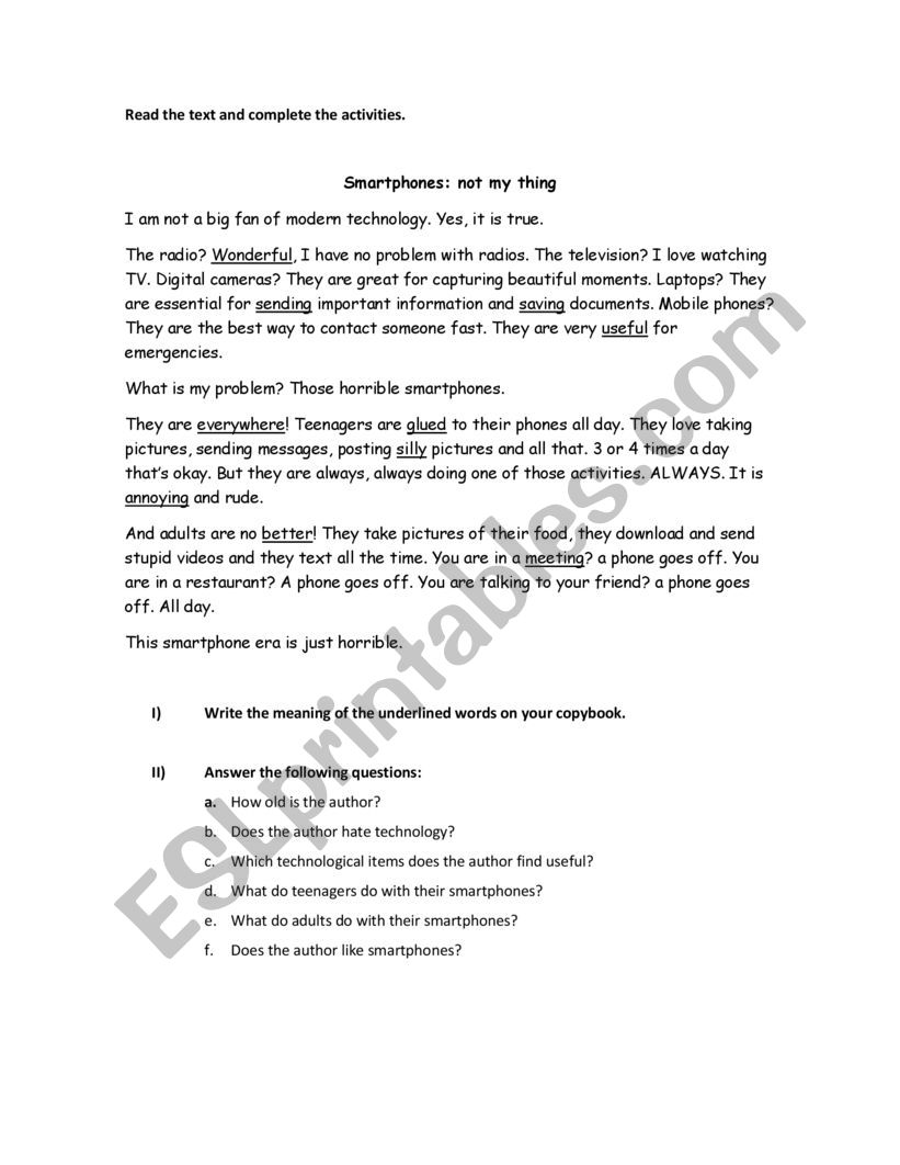 Smartphones: Not my thing worksheet