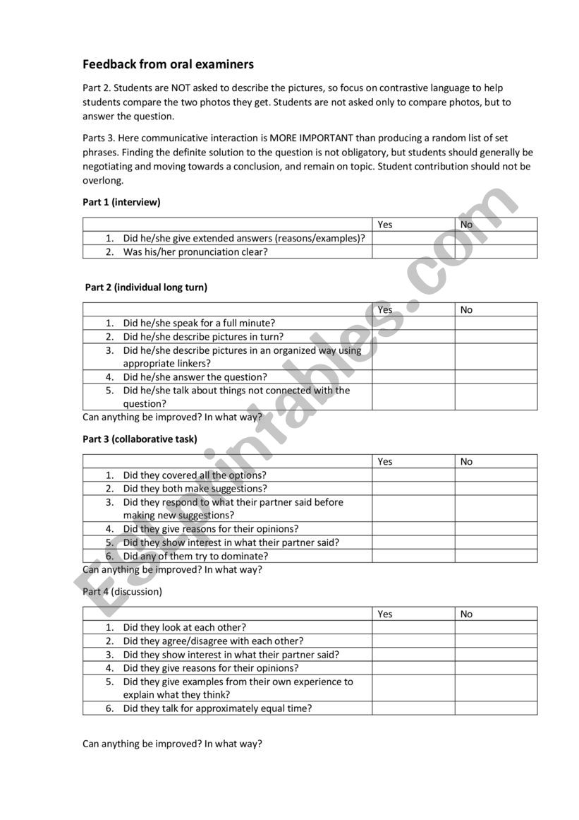 First B2 Speaking checklist worksheet