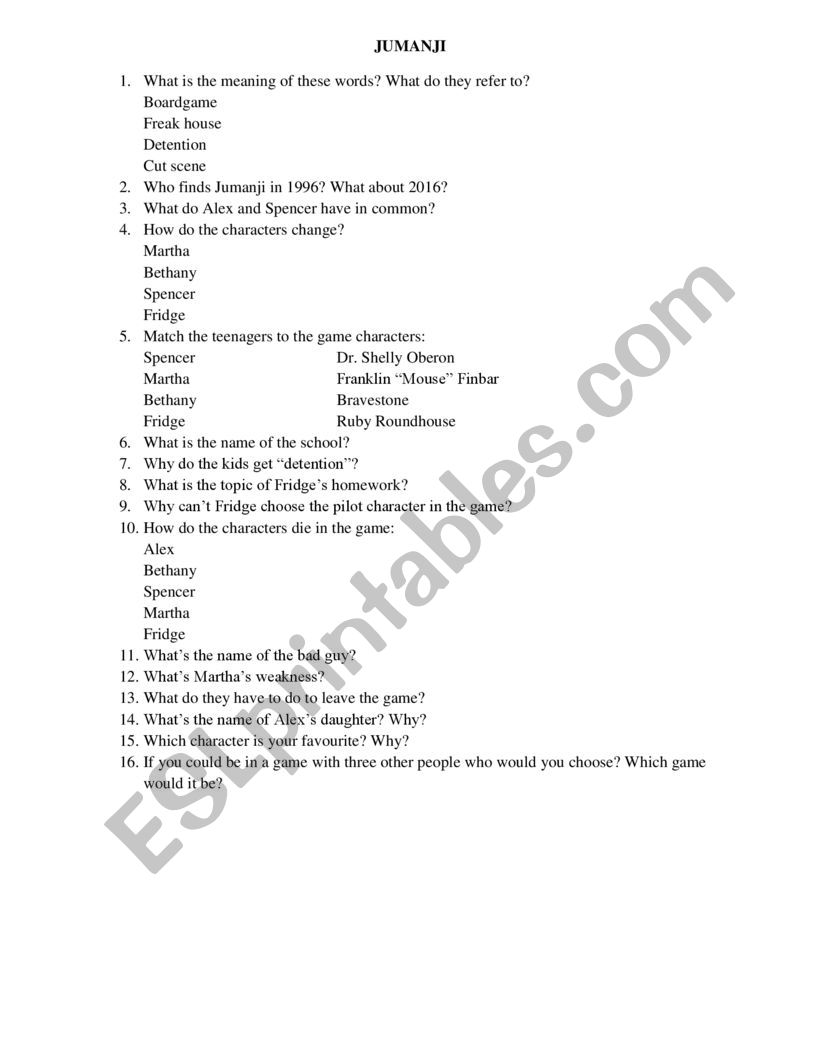 Jumanji movie worksheet worksheet