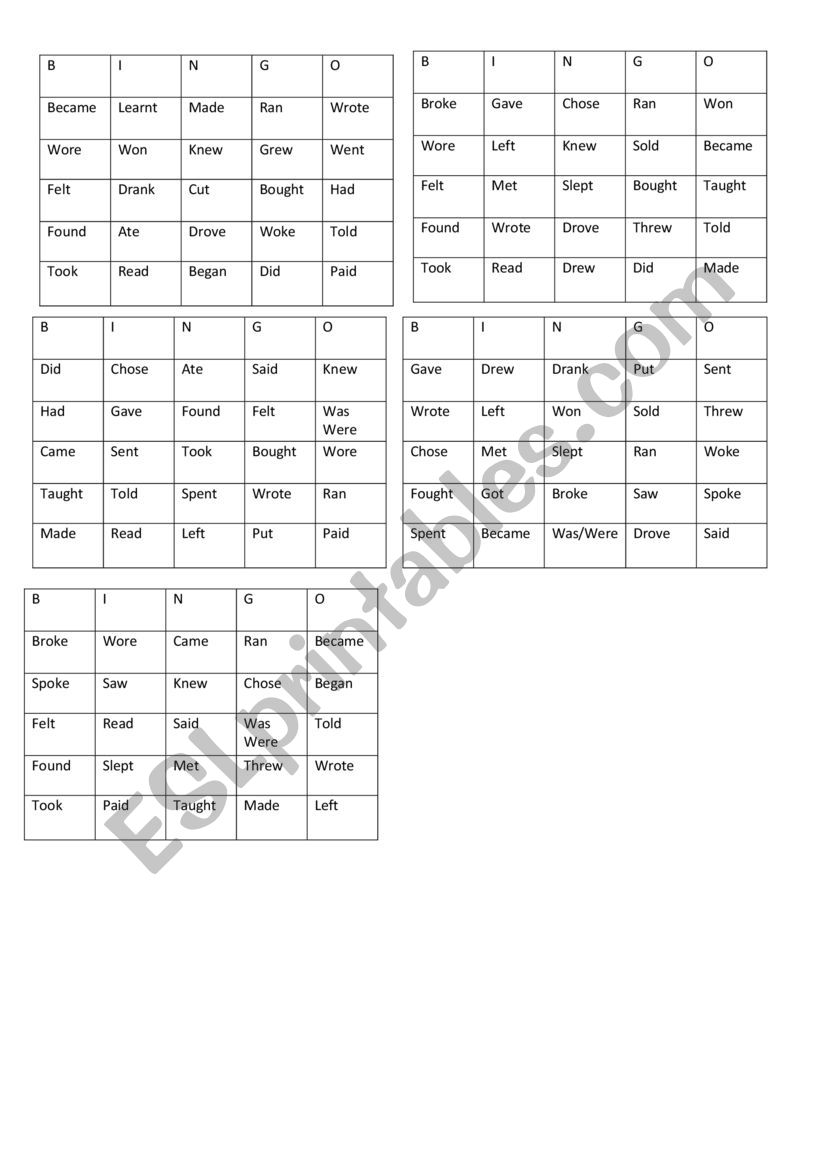 Past simple verbs BINGO worksheet