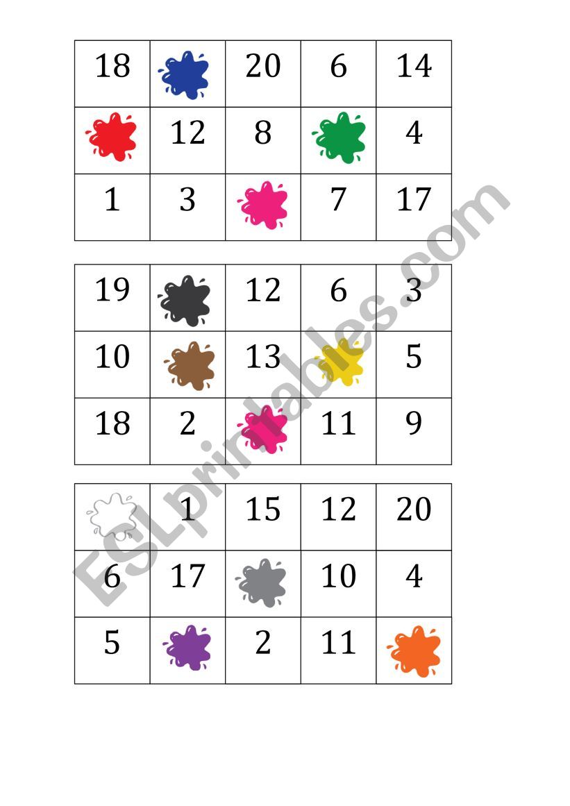 Bingo: numbers and colours worksheet