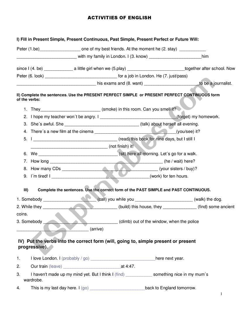 ACTIVITIES OF ENGLISH worksheet