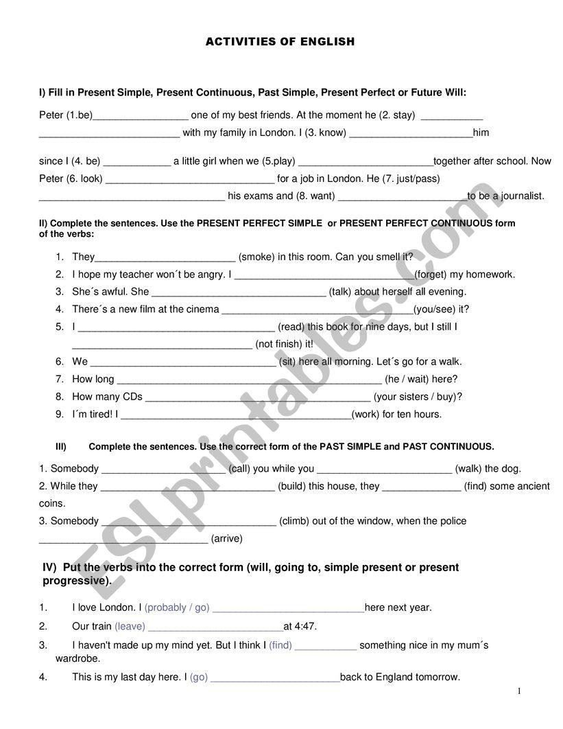 ACTIVITIES OF ENGLISH worksheet