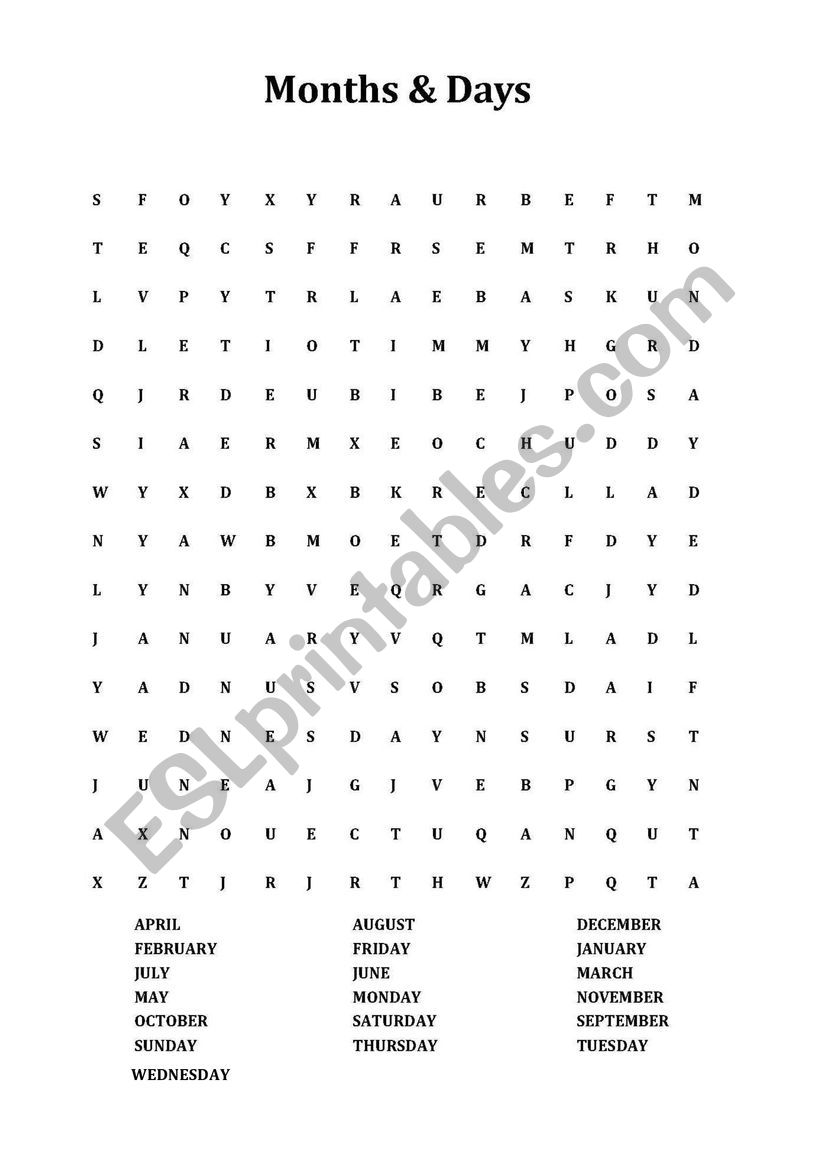 Months and Days wordsearch worksheet