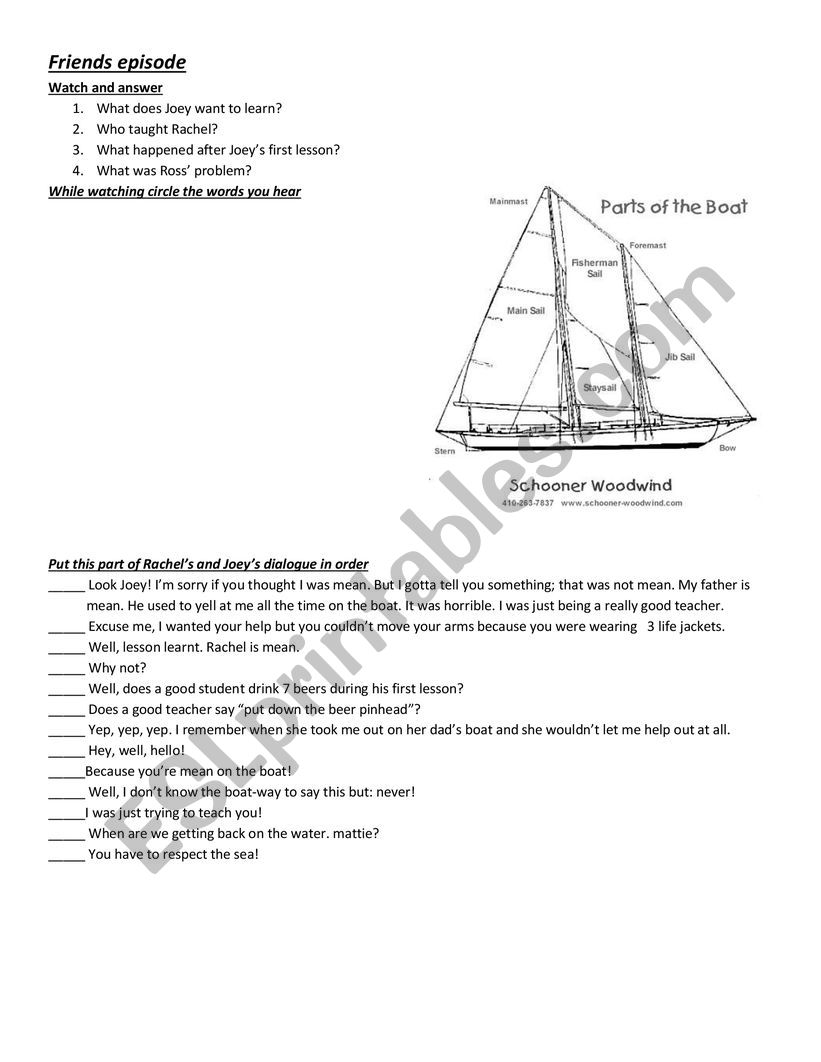Joey learns to sail worksheet