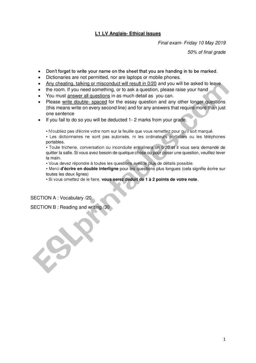 Ethical Issues exam worksheet