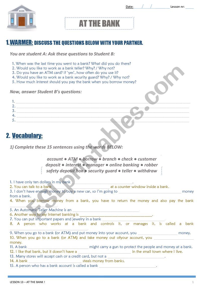 At The Bank Lesson worksheet