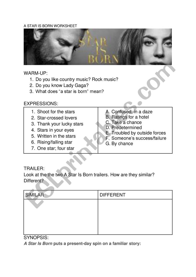 A Star Is Born Movie Worksheet (Pre-movie or Post-movie)