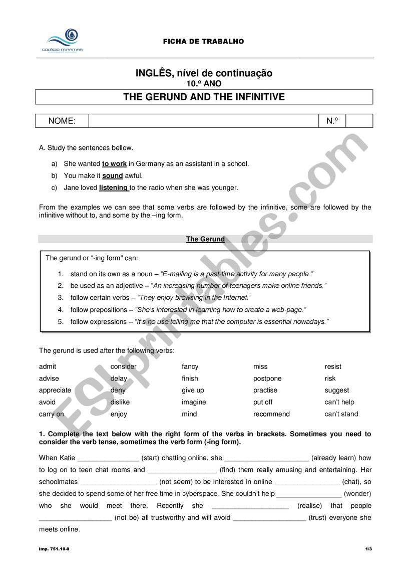 Gerund and Infinitive worksheet