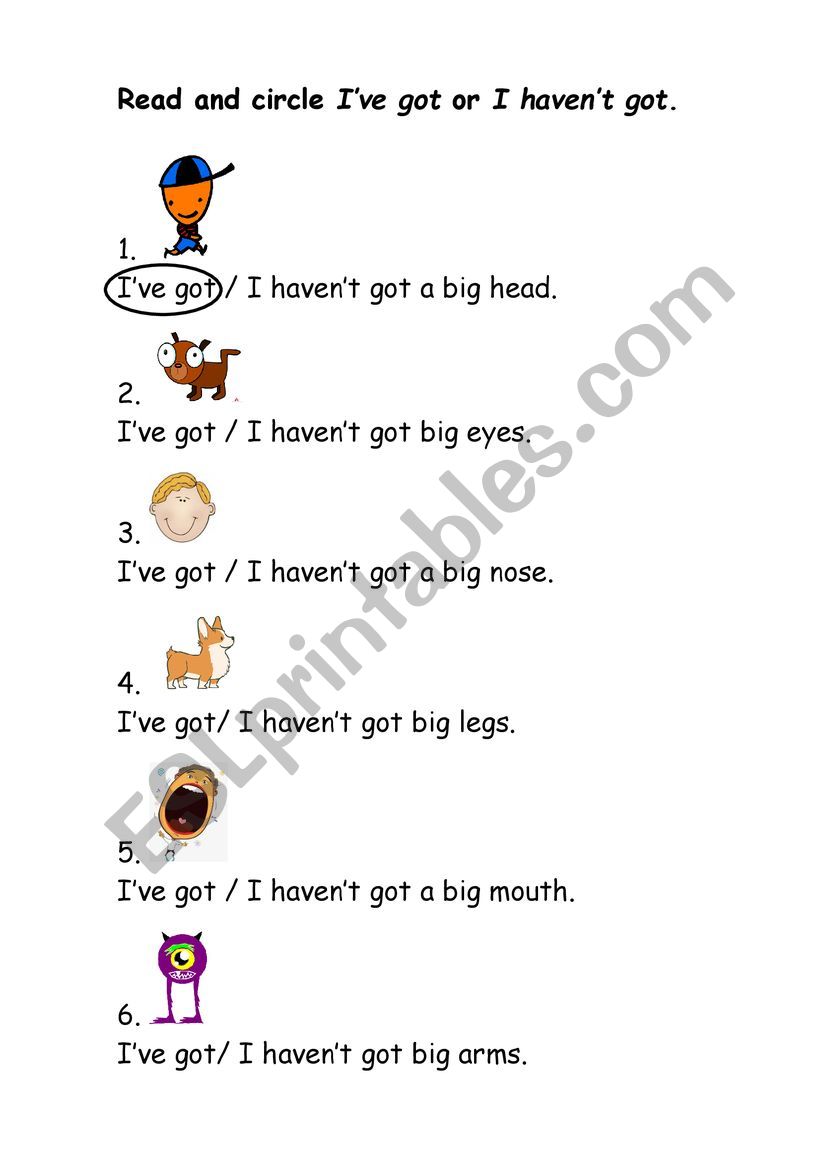 Have got, body parts worksheet