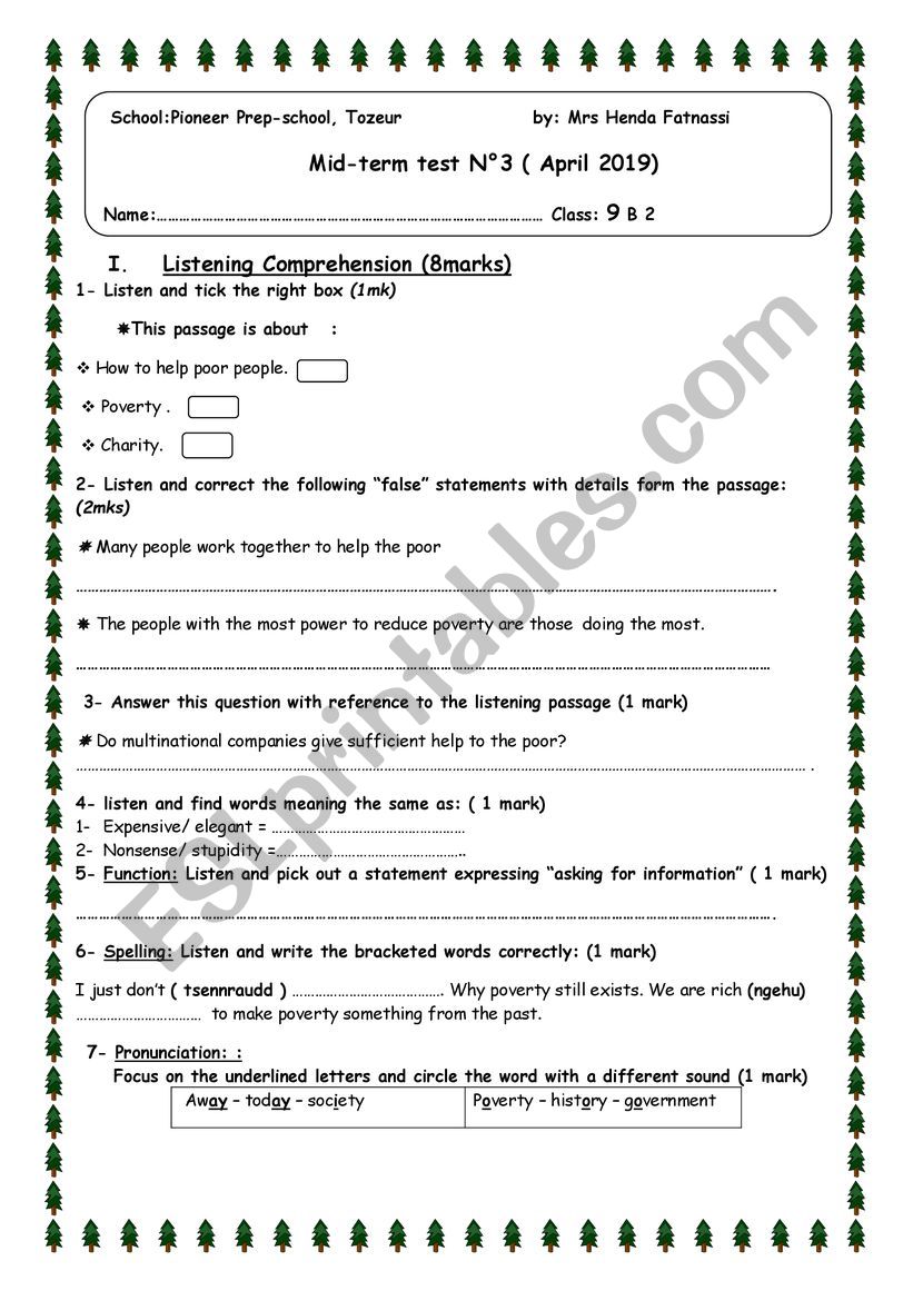 9th form mid term test 3 worksheet