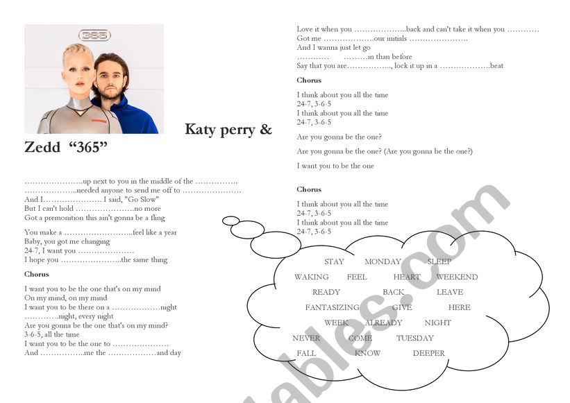 Kate Perry  & Zedd  song 365 worksheet