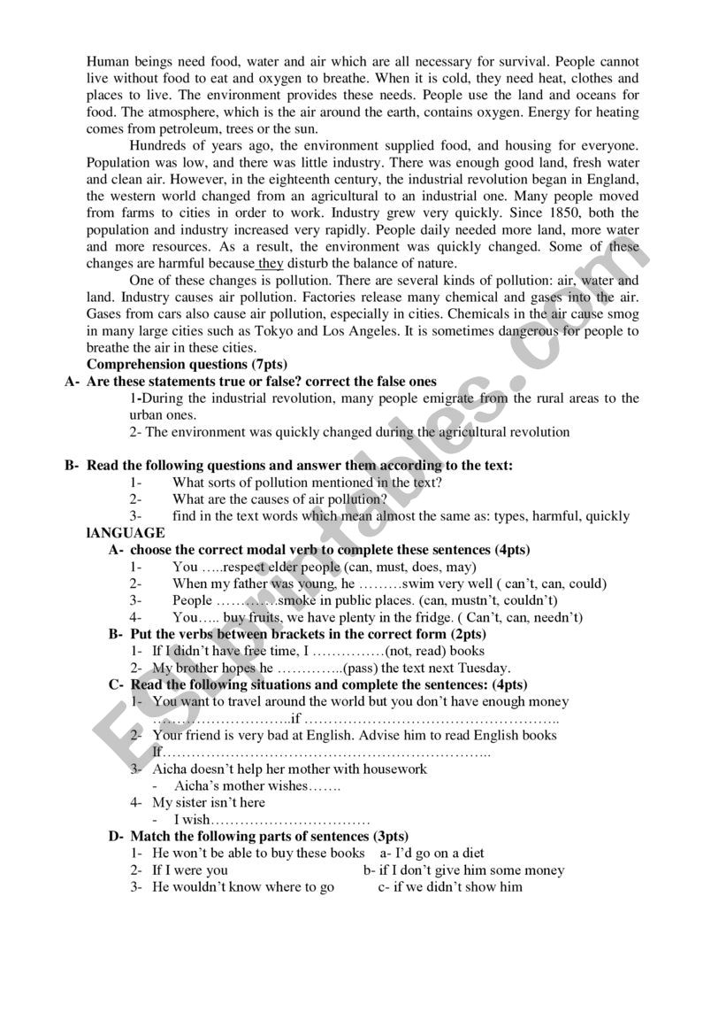 QUIZ ABOUT POLLUTION worksheet