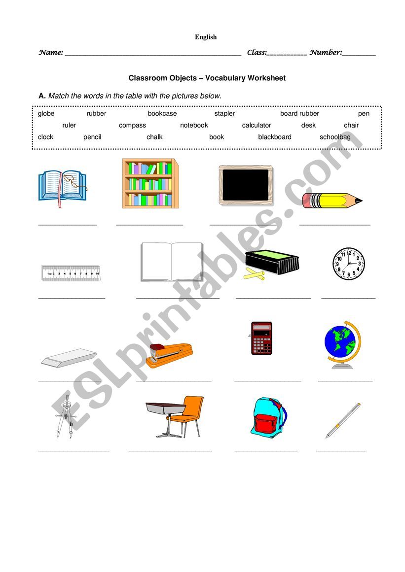 Classroom objects worksheet