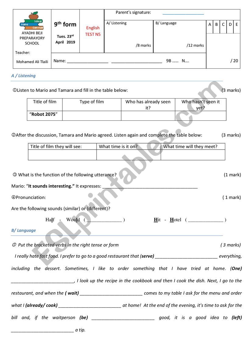 9th form mid-term test 3 worksheet