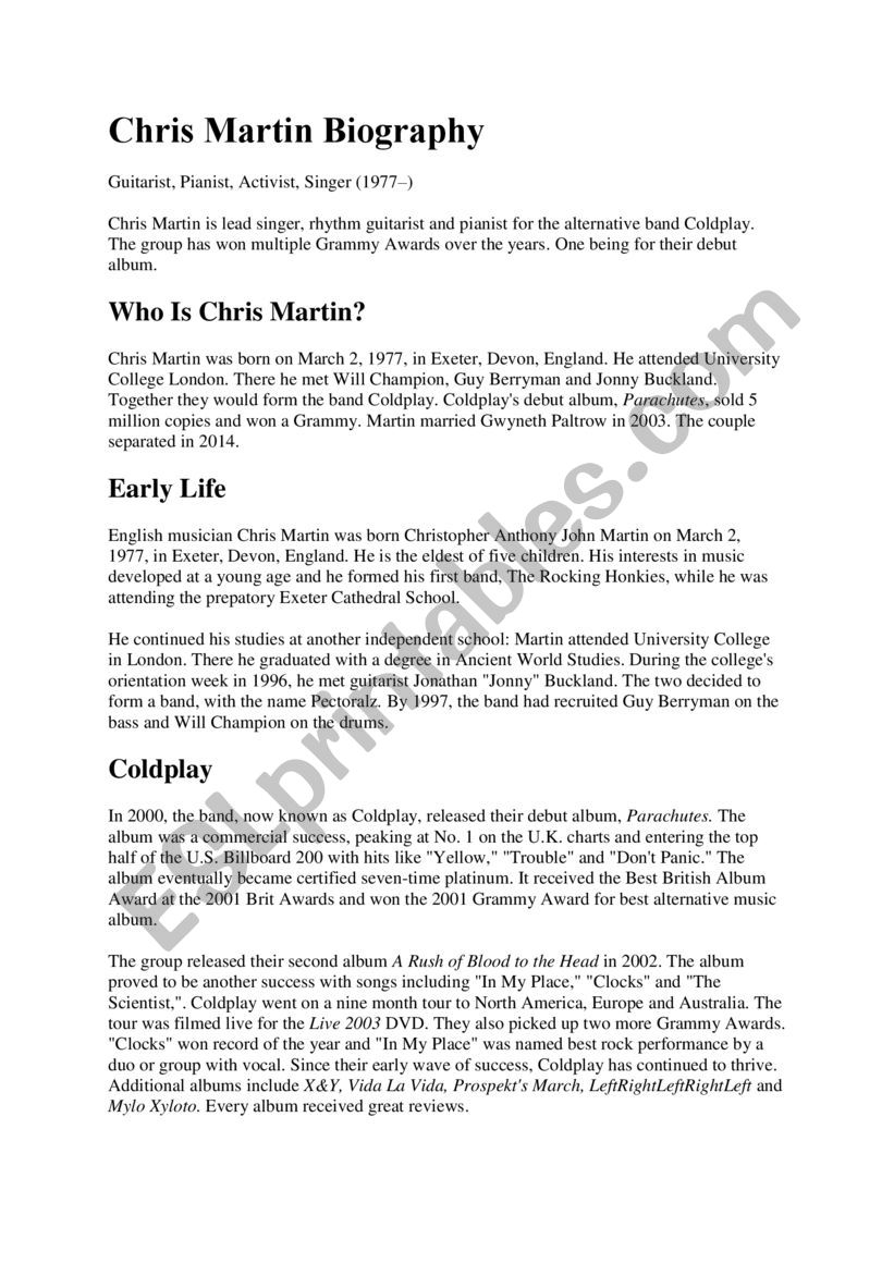 Chris Martin Biography  worksheet