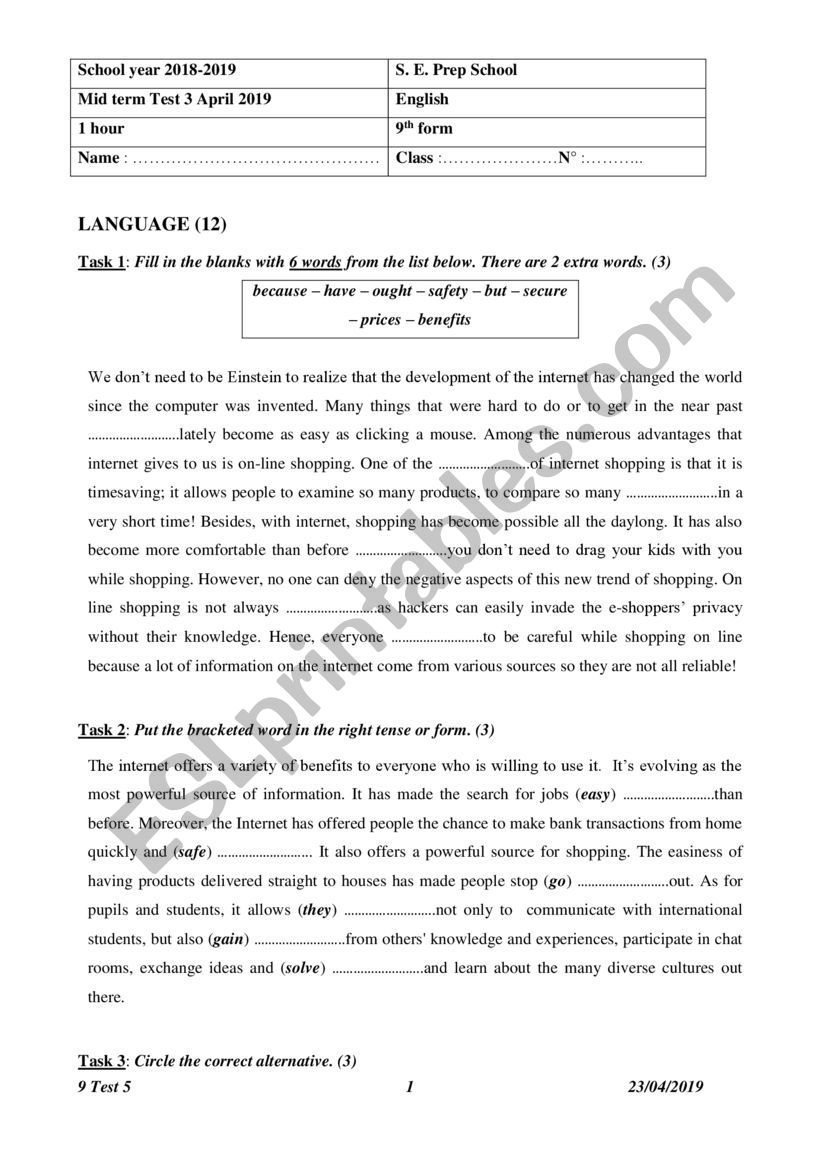 9 Test 5 2018-2019 worksheet