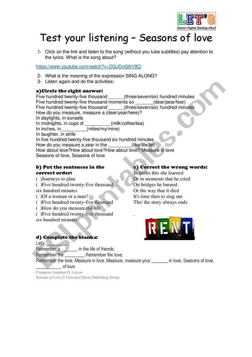 Season of love - rent - song worksheet