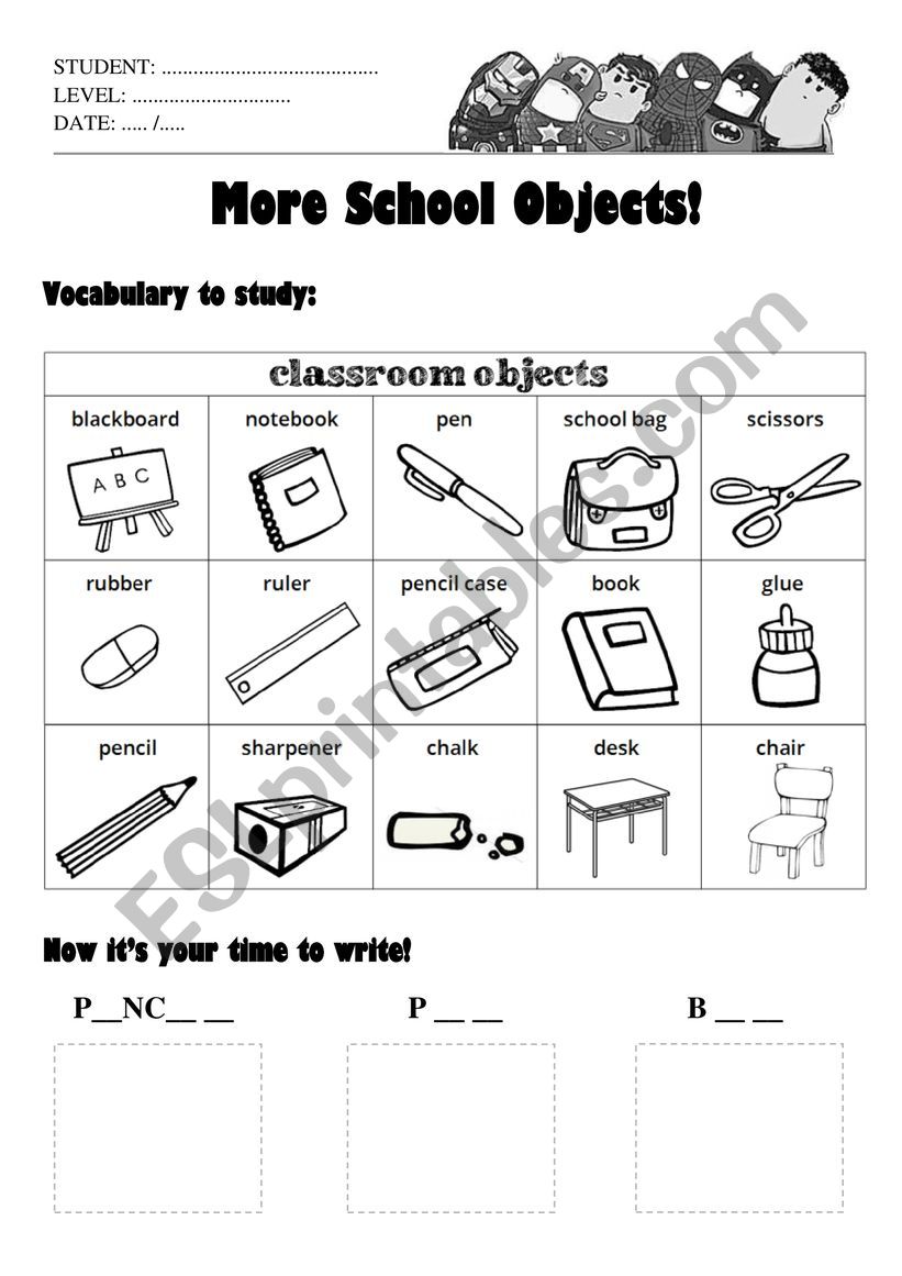 school objects  worksheet