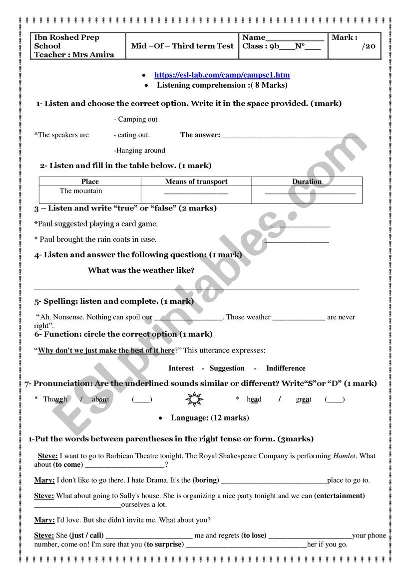 mid term test3 9th form worksheet