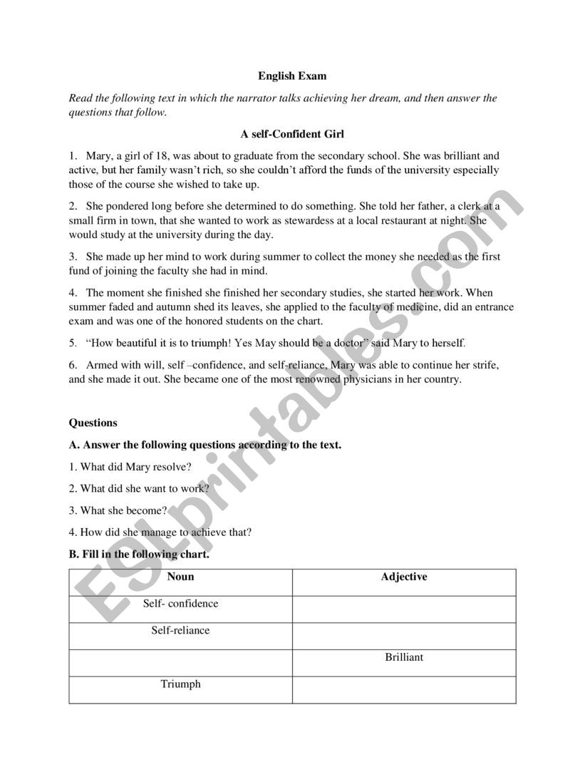 A self confident girl worksheet