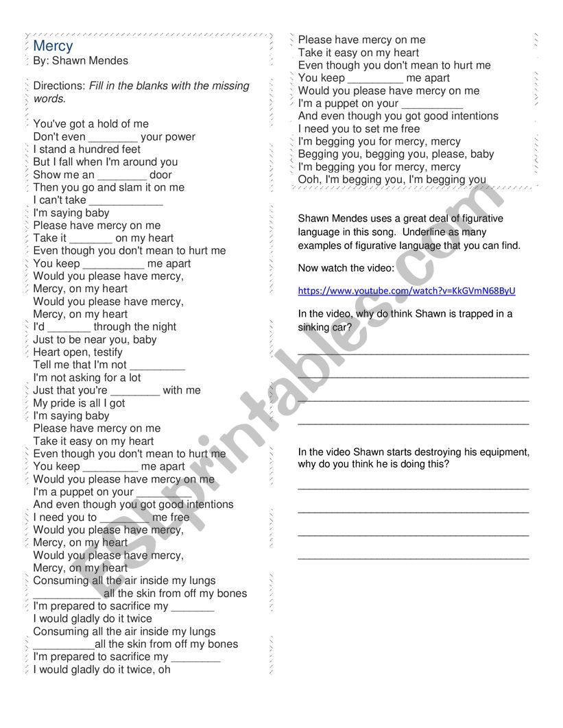 Cloze Activity and Figurative Language using Mercy by Shawn Mendes
