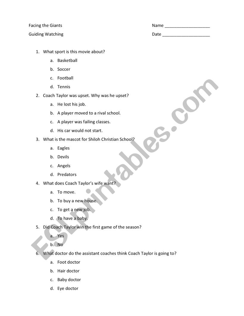Facing the Giants Movie Guide worksheet