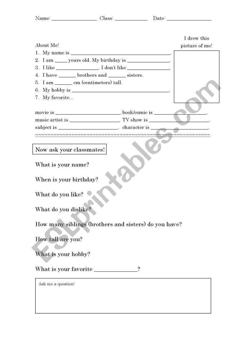 About Me (And You) worksheet